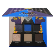 EBIN pharaoh eyeshadow palette open showing six shimmery and matte shades in blue brown and gold tones