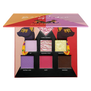 EBIN pharaoh inspired eyeshadow palette open displaying six shades including lavender purple pink gold glitter and brown