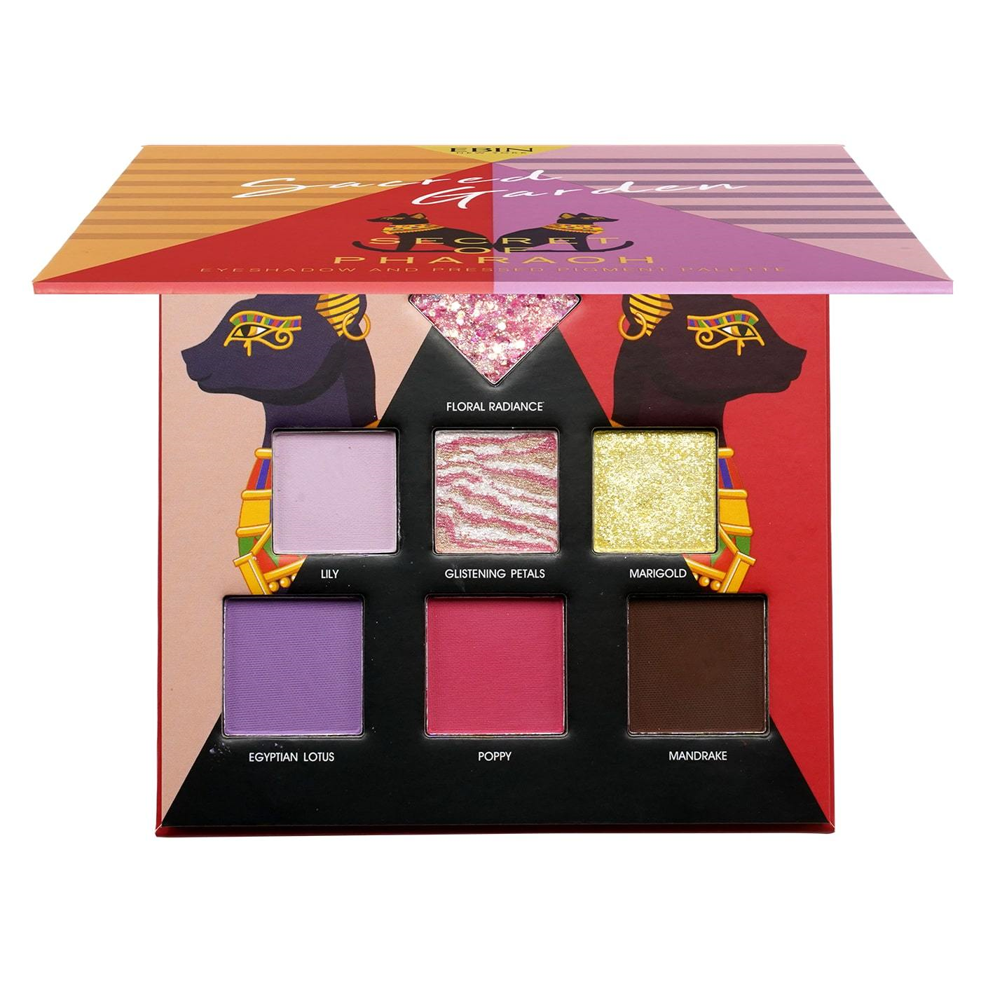 EBIN pharaoh inspired eyeshadow palette open displaying six shades including lavender purple pink gold glitter and brown