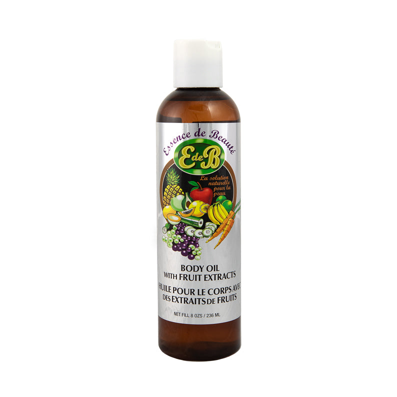 ESSENCE DE BEAUTE body oil with fruit extracts in brown bottle with white cap and fruit label