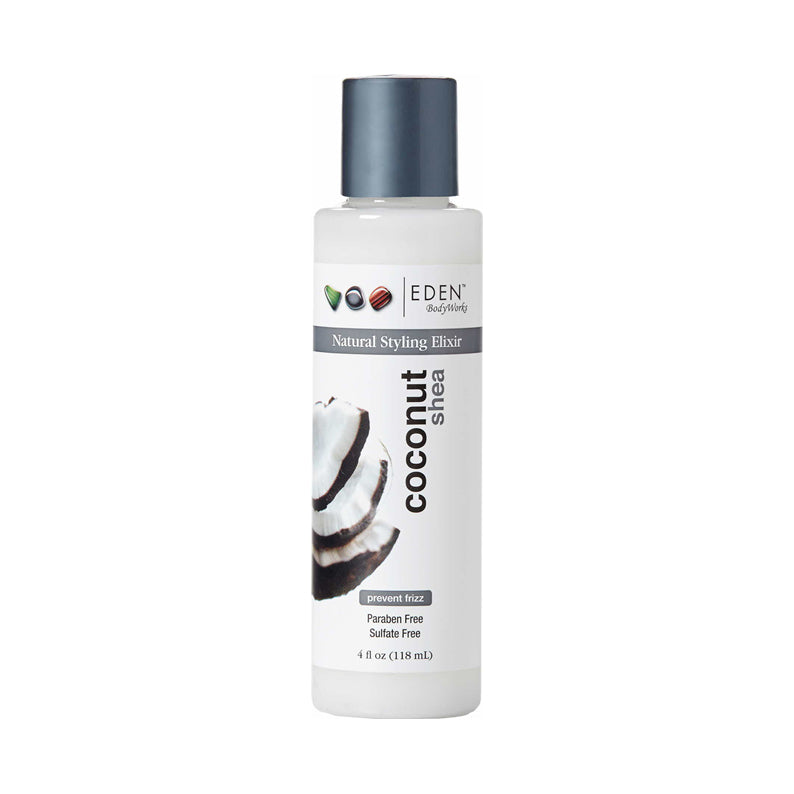 EDEN BODYWORKS coconut shea hair elixir white bottle with gray cap natural styling serum paraben free
