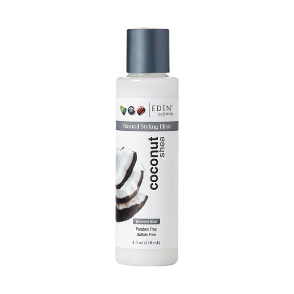 EDEN BODYWORKS coconut shea hair elixir white bottle with gray cap natural styling serum paraben free