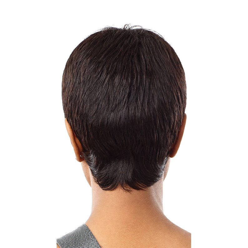 OUTRE short dark brown pixie style 100% human hair full cap wig shown from back on model