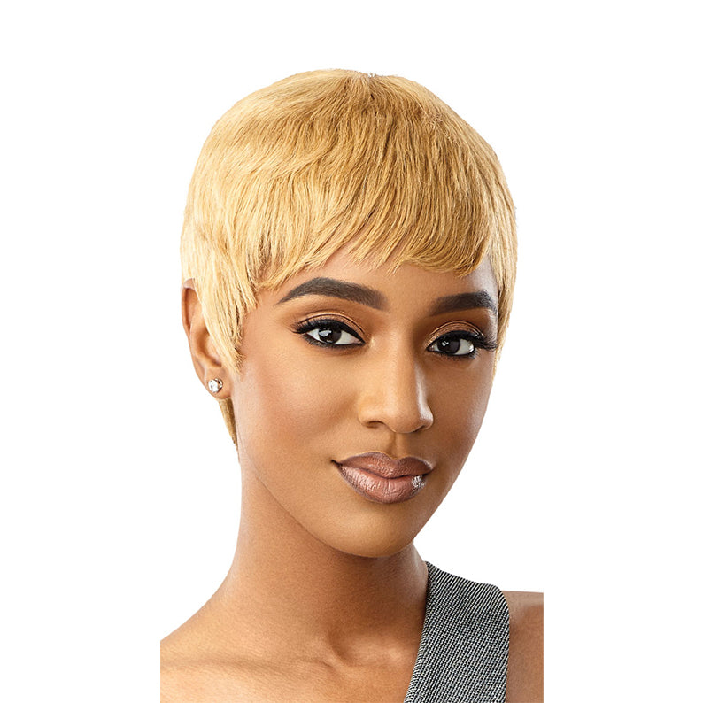OUTRE short blonde pixie 100% human hair full cap wig on model with textured cropped bangs