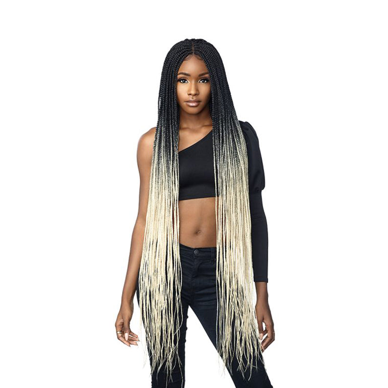 SENSATIONNEL 50 inch box braid lace wig long black to blonde ombre braids on model with center part