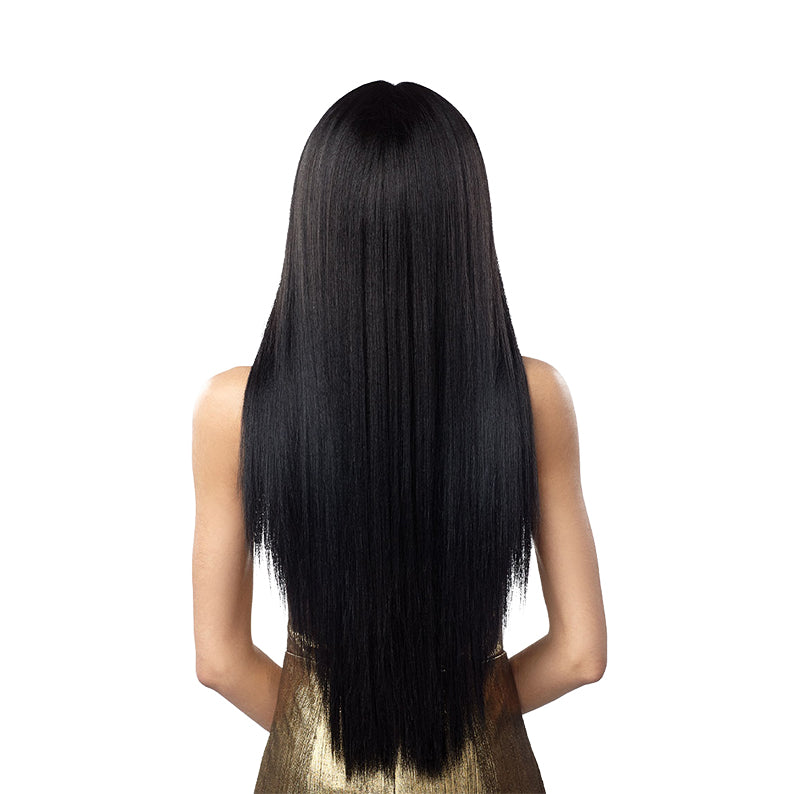 SENSATIONNEL long straight black HD ear-to-ear lace wig back view showing smooth natural shine