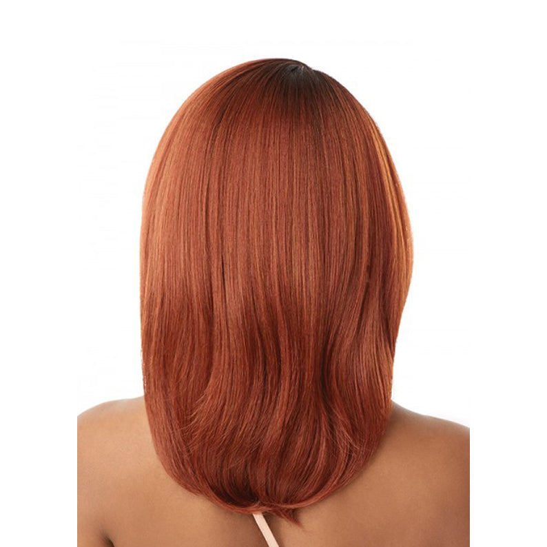 OUTRE melted hairline synthetic lace front wig back view in auburn shoulder length straight style with natural dark roots