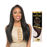 SENSATIONNEL Empire long straight black hair worn by smiling model with 100 human hair lace closure box
