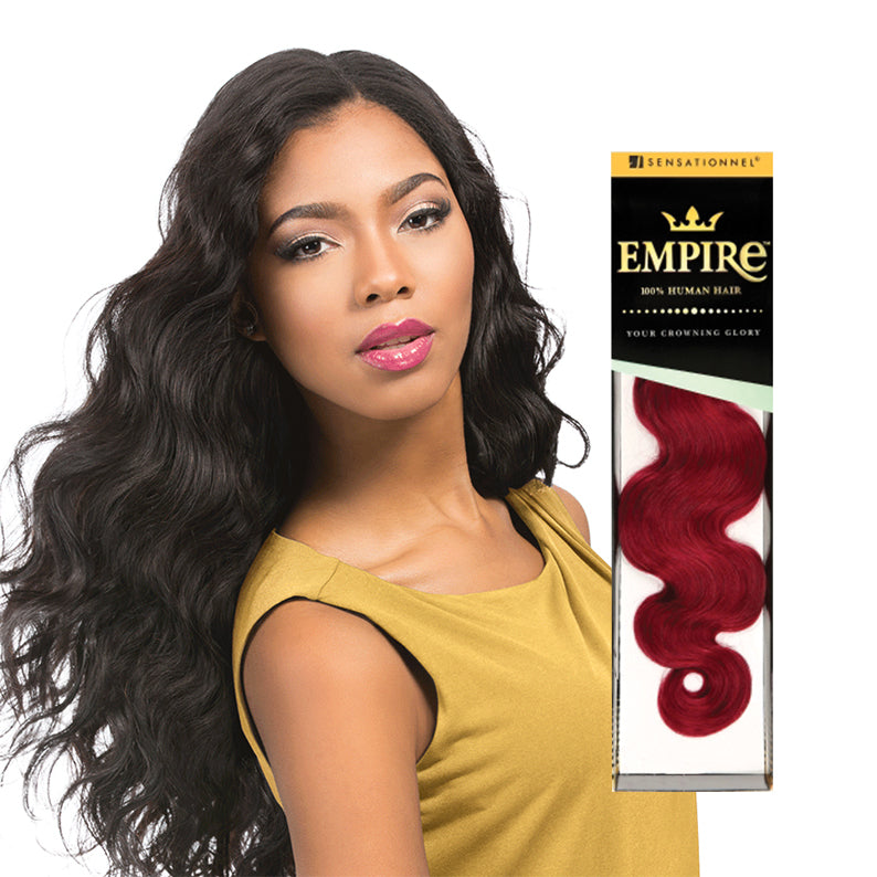 SENSATIONNEL 100% human hair body wave weave in black worn by model with red body wave weave package