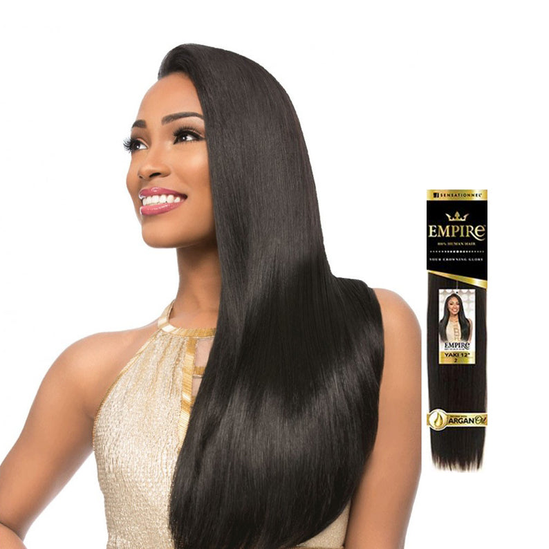 Sensationnel 100% human hair yaki weave showing long smooth straight black hair and product packaging