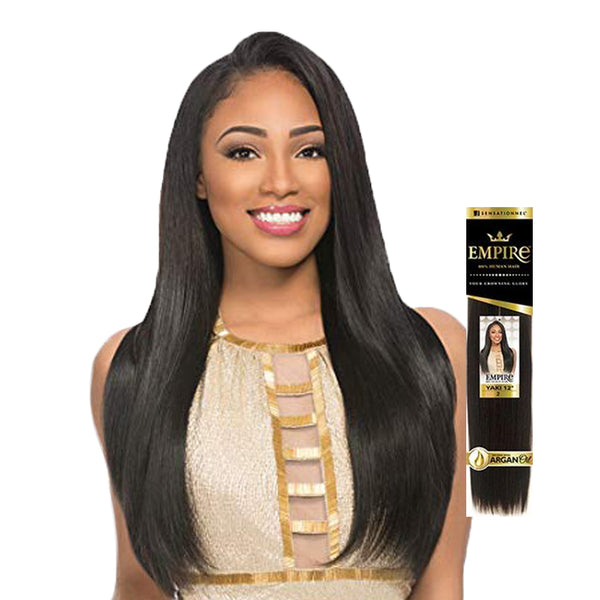 SENSATIONNEL 100% human hair yaki weave shown on a woman with long straight black hair