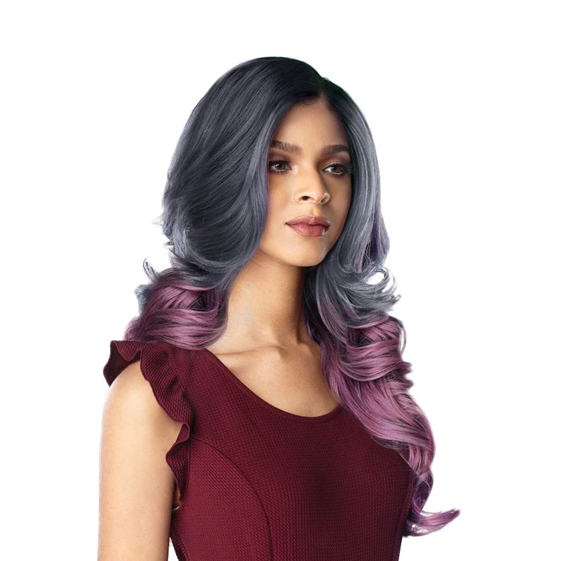 SENSATIONNEL Empress Shear Muse lace front wig in gray to pink ombre with voluminous curls