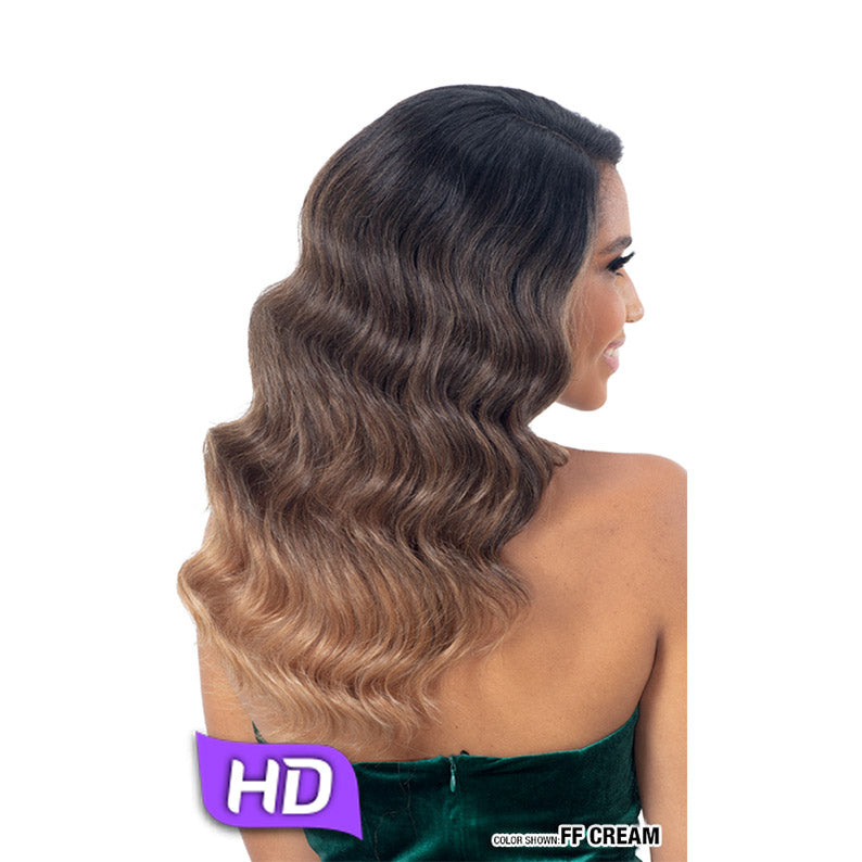 SHAKE N GO Freetress Equal Sylvie HD lace front wig. Long wavy ombre brown to blonde hair on model