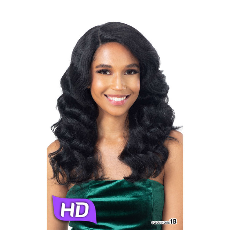 SHAKE N GO model wearing Freetress Equal Sylvie HD lace front wig long wavy 1B natural black