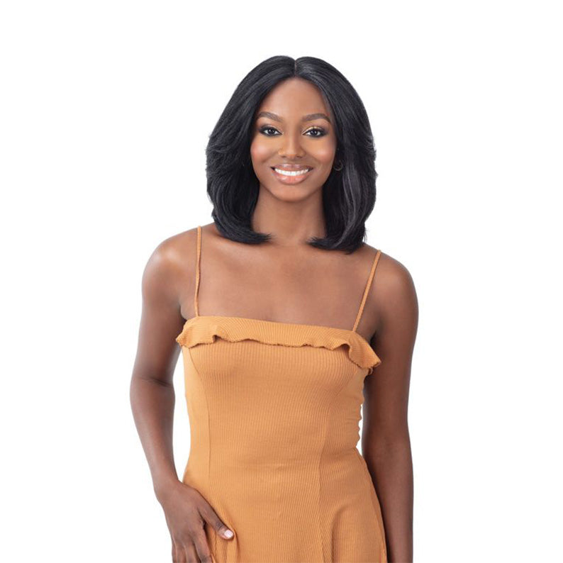 SHAKE N GO HD lace front wig Julia black shoulder length bob with center part on smiling model