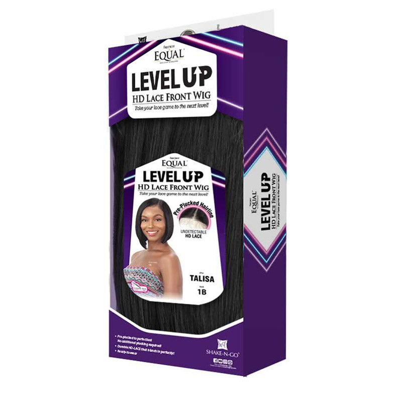 SHAKE N GO Level Up HD lace front wig Talisa 1B straight black hair in purple retail box