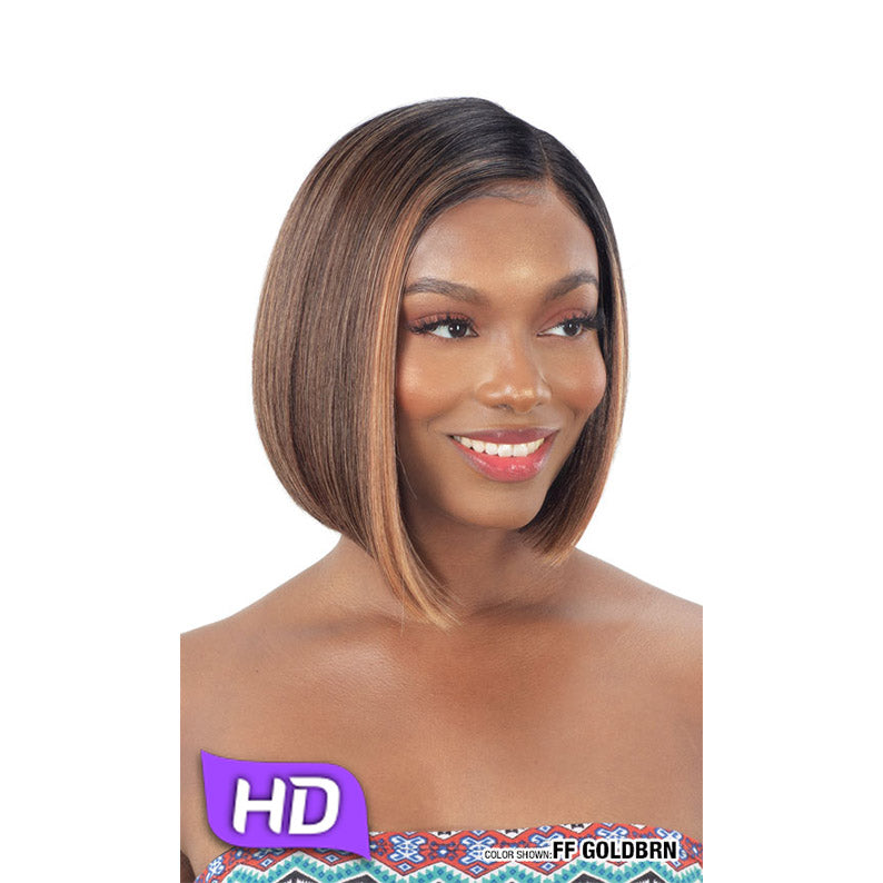 SHAKE N GO HD lace front wig Talisa sleek angled bob in warm gold brown highlights with side part