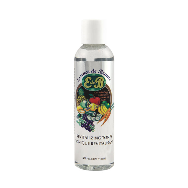 ESSENCE DE BEAUTE revitalizing facial toner in a clear 6 oz bottle with fruit label and white cap