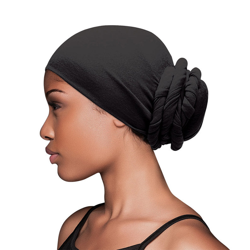 FIRSTLINE black wrap scarf for hair shown on model side profile stretchy protective bun wrap for styling and sleep