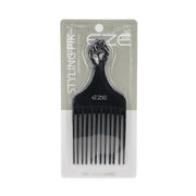 Annie black plastic afro hair pik with a fist-shaped handle in clear packaging