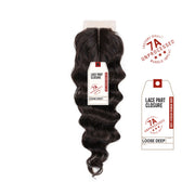 SENSATIONNEL Loose Deep wavy lace part hair piece showcasing 7A virgin Remi lace closure in natural dark brown