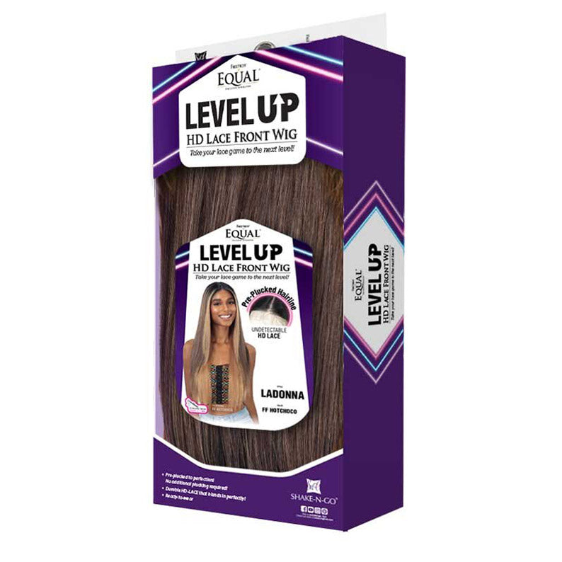 Freetress Equal Lace Front Wig Ladonna in SHAKE N GO packaging showing long straight brown HD lace front wig