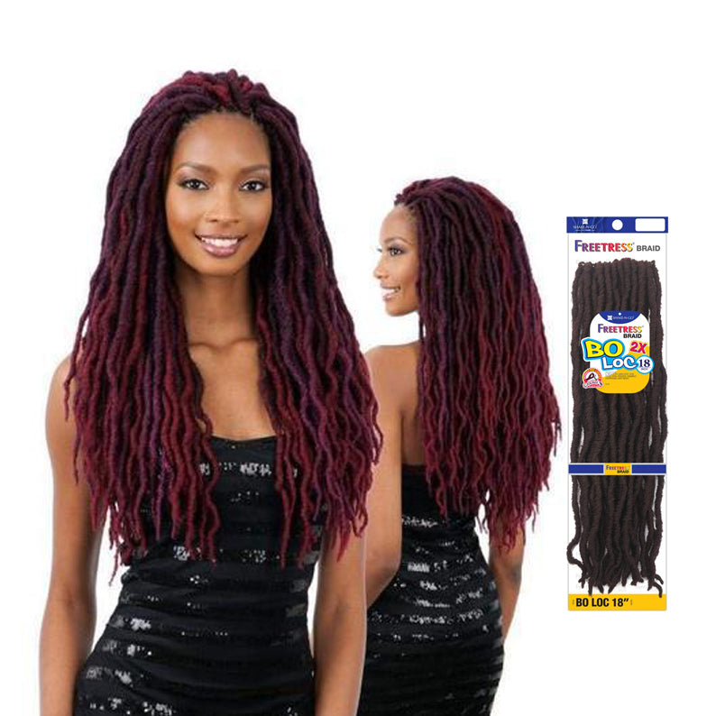 SHAKE N GO model wearing Freetress 2x Bo Loc 18 inch braids. Long burgundy faux locs with product pack
