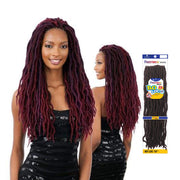 Woman wearing burgundy faux locs with packaging Freetress 2x Bo Loc 18 inch braids by SHAKE N GO