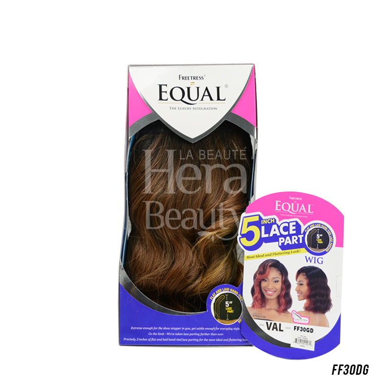 SHAKE N GO packaged Freetress Equal 5 inch lace part wig in brown wavy style FF30DG showing product box and insert