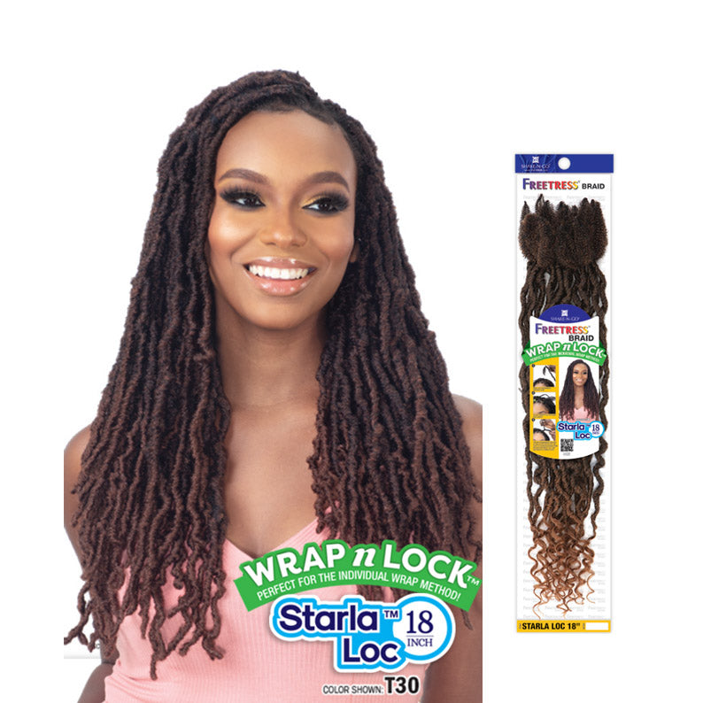 Smiling model wearing long brown faux locs with product packaging showing Freetress Starla Loc 18 inch braids by SHAKE N GO