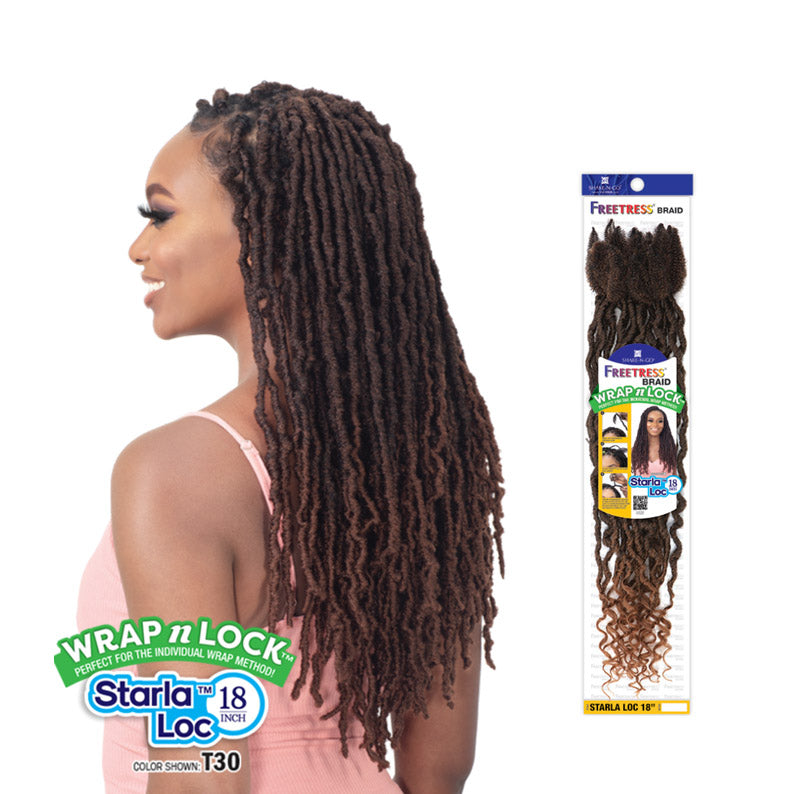Model with long brown textured locs Freetress Starla Loc 18 inch braids with pack shown