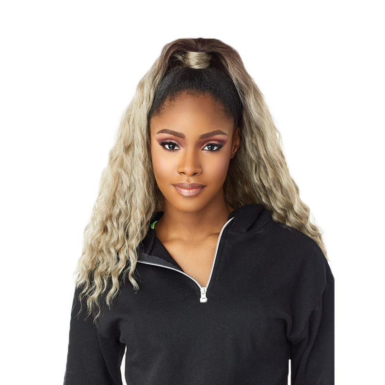SENSATIONNEL instant up and down ponytail wig wavy ombre blonde on model with high pony
