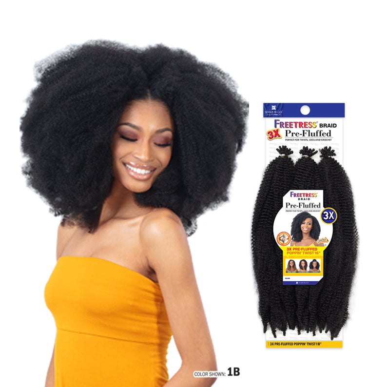 Shake N Go freeTress pre-fluffed braiding hair in color 1B with model wearing afro style hair