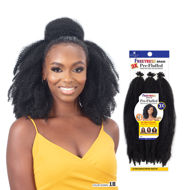 Shake N Go Freetress pre-fluffed braiding hair with model wearing natural curly hairstyle