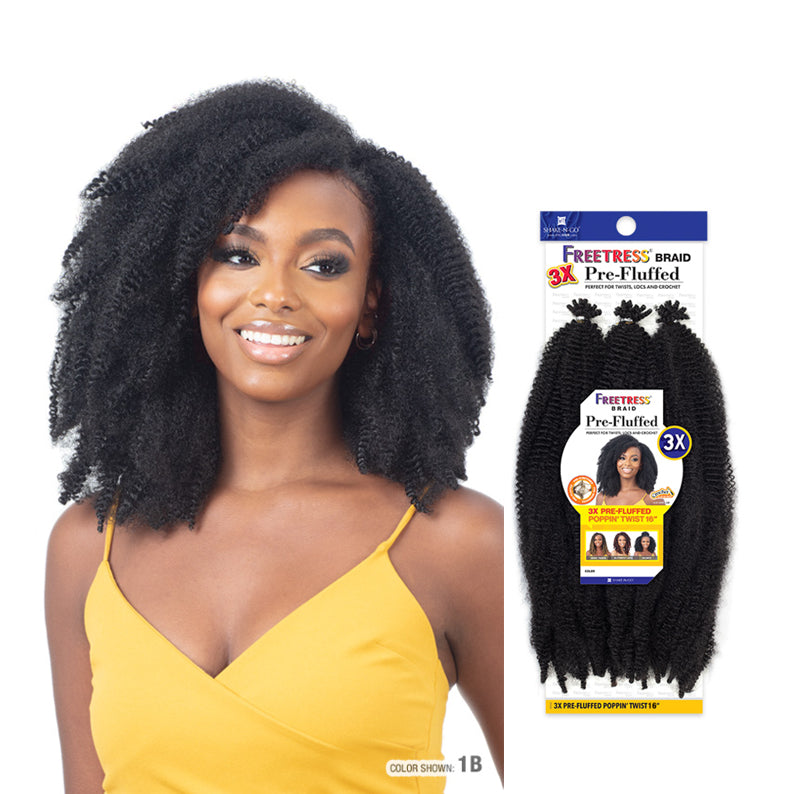 Shake N Go Freetress pre-fluffed braiding hair with textured curls and model wearing yellow top