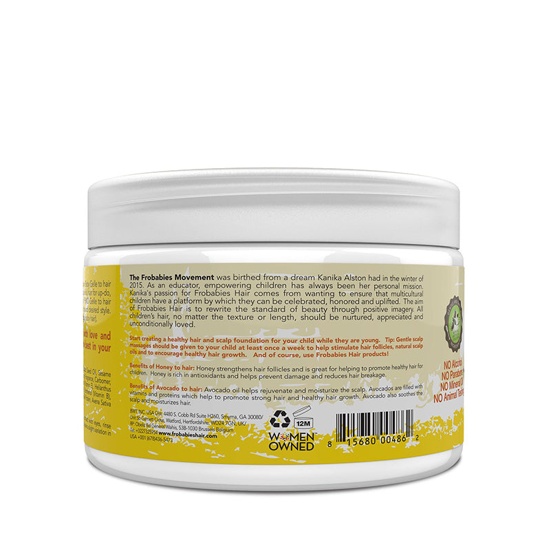FROBABIES HAIR white jar with yellow label of baby hair gel for natural hair showing ingredients and directions