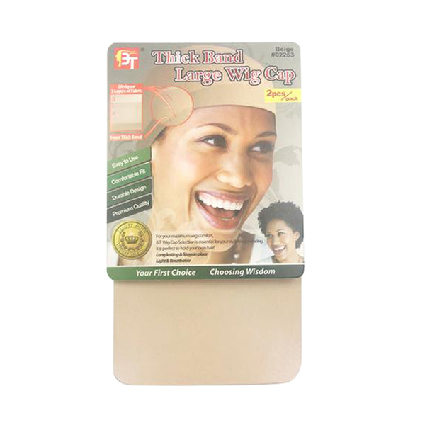 BEAUTY TOWN beige thick band wig cap large 2 pack retail packaging with smiling model and product sample