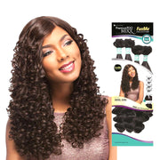 SENSATIONNEL model wearing long dark brown swirl curl weave hair extensions with product packaging