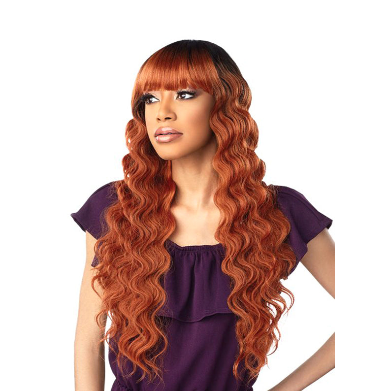 SENSATIONNEL synthetic long wavy wig with bangs in copper ombre with dark roots and cascading waves