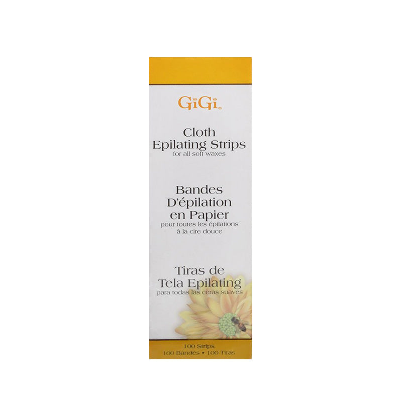 GIGI cloth epilating strips box white and yellow packaging containing 100 cloth strips for soft waxes