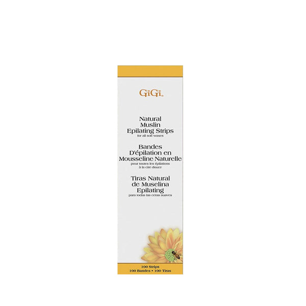 Gigi muslin epilating strips box by GIGI natural muslin epilating strips 100 count white and yellow packaging