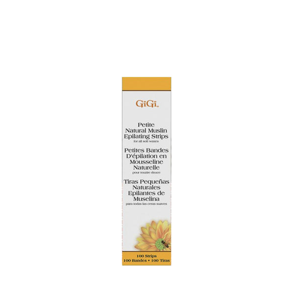 White and yellow GIGI Petite box of Gigi natural muslin epilating strips 100 small cloth strips with sunflower