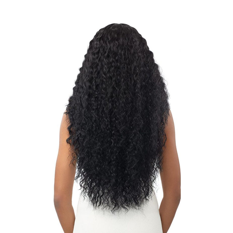 OUTRE 28 inch lace front wig black long deep wave curly style shown from back on model