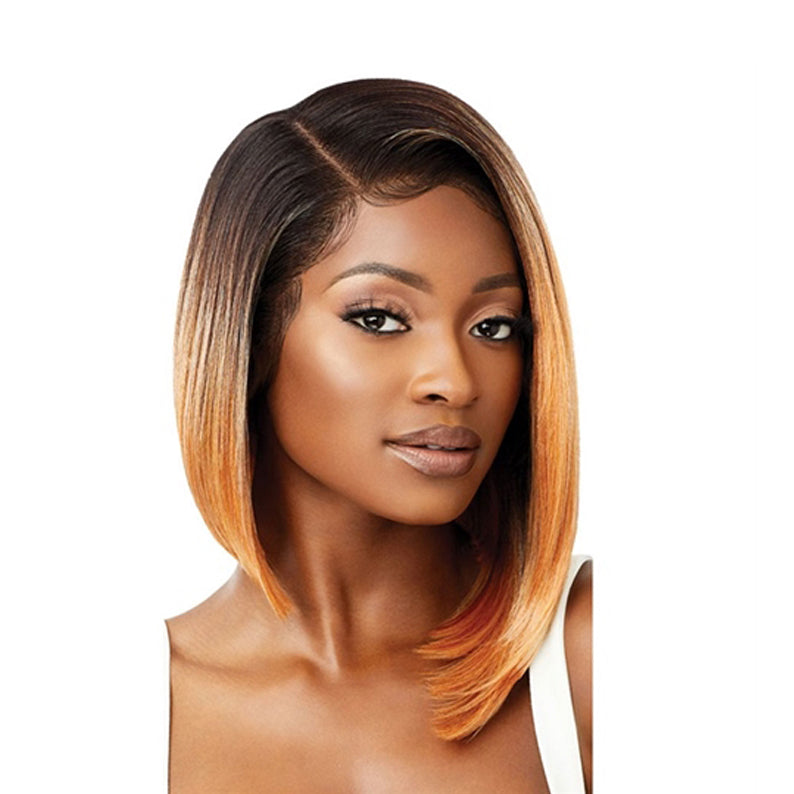OUTRE melted hairline lace front wig sleek asymmetrical bob with dark roots to honey blonde ombre side part