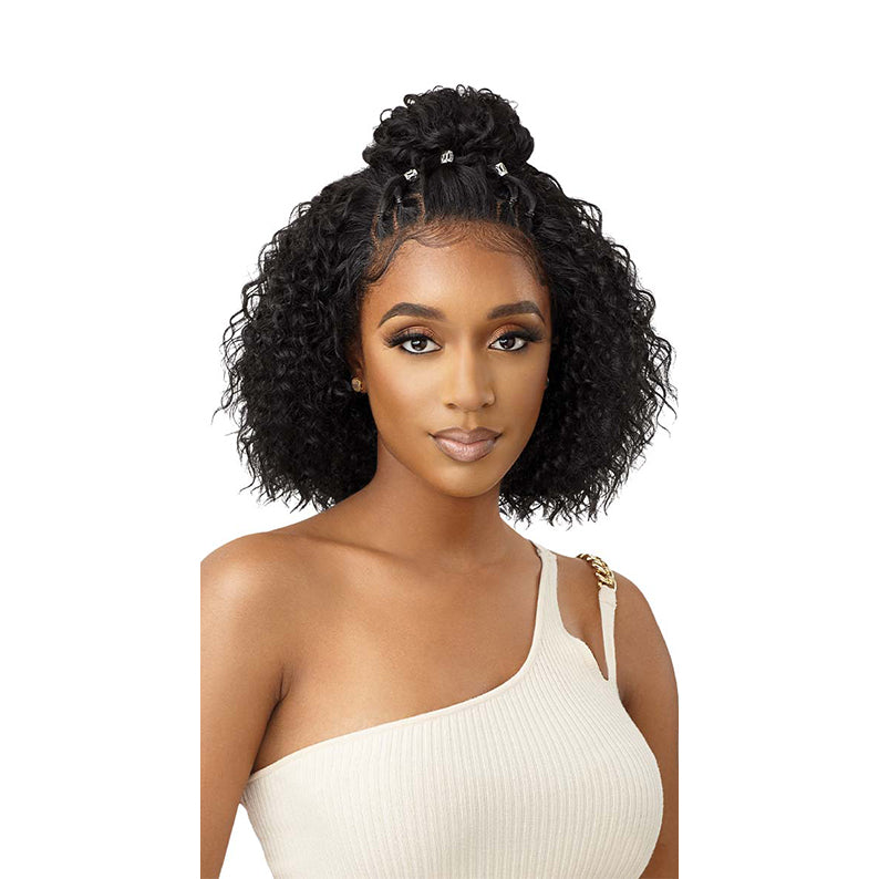 OUTRE 13x4 lace frontal wig synthetic black short curly bob half up top knot with baby hairs