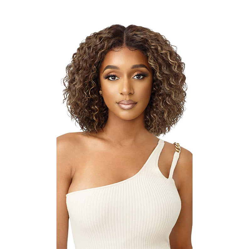 OUTRE 13x4 lace frontal wig synthetic short curly bob with honey blonde highlights on model