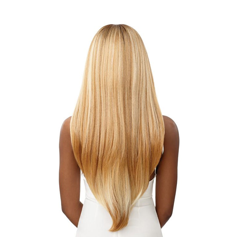 OUTRE 13x6 lace frontal wig long straight honey blonde with dark roots back view sleek length