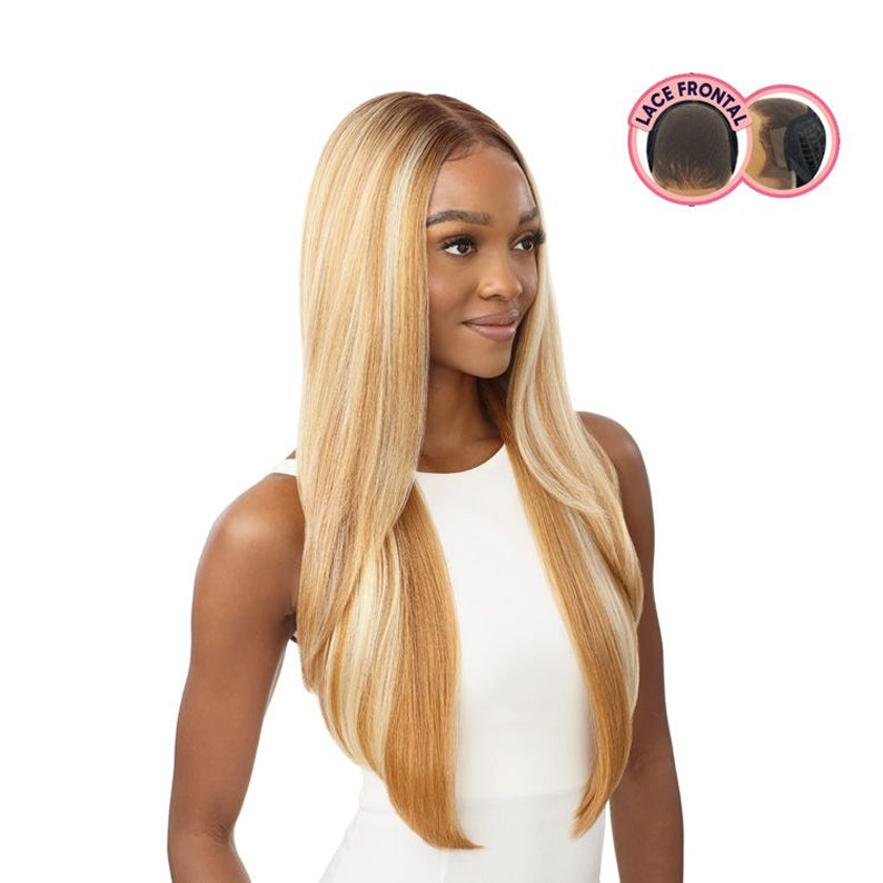 OUTRE 13x6 lace frontal wig honey blonde long straight center part on model with natural hairline