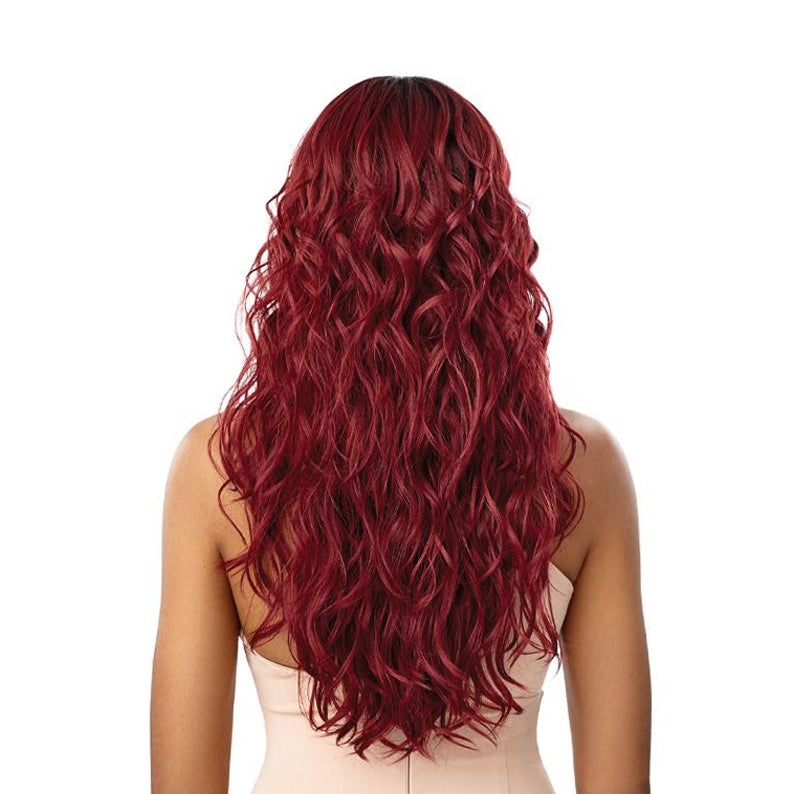 OUTRE 13x6 lace frontal wig long wavy burgundy red hair back view on model