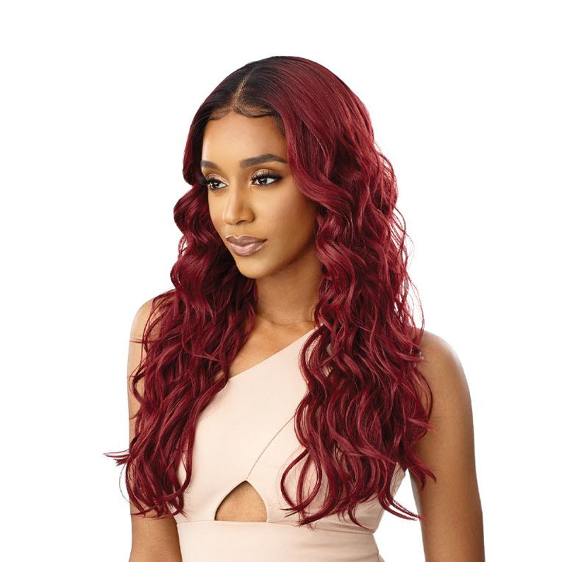 OUTRE 13x6 lace frontal wig long wavy burgundy red hairstyle with natural middle part